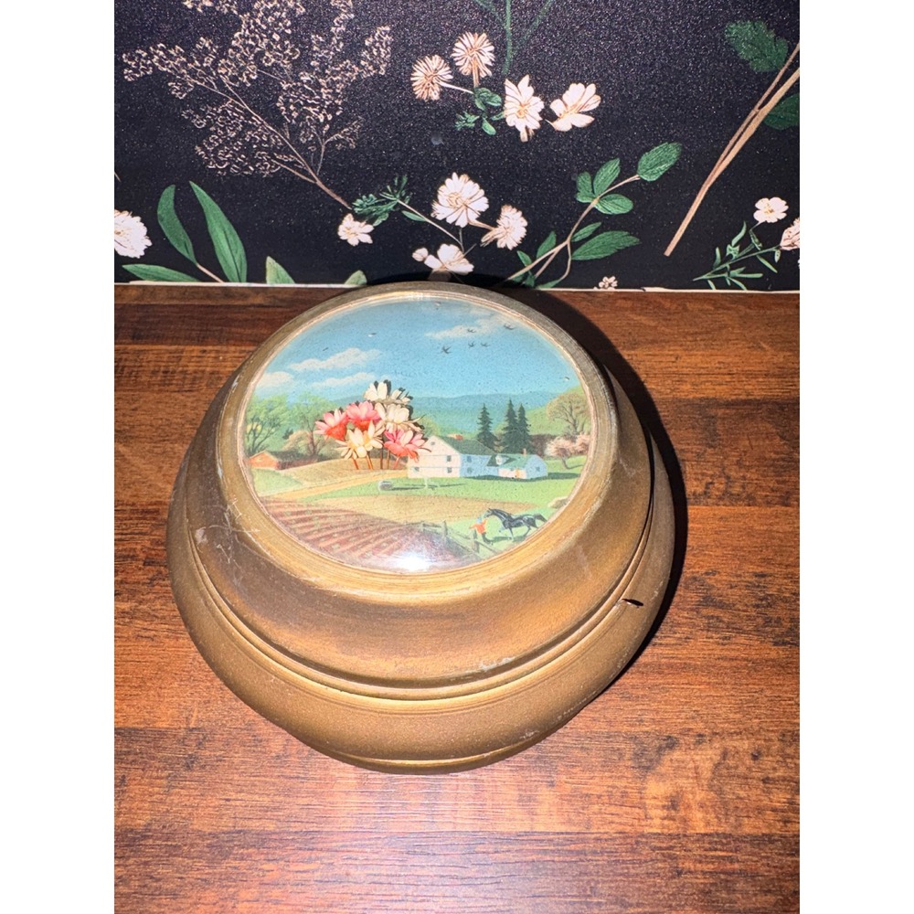 Vintage Round Metal Music Box Pastoral Farmhouse Scene Wind Up Jewelry Trinket